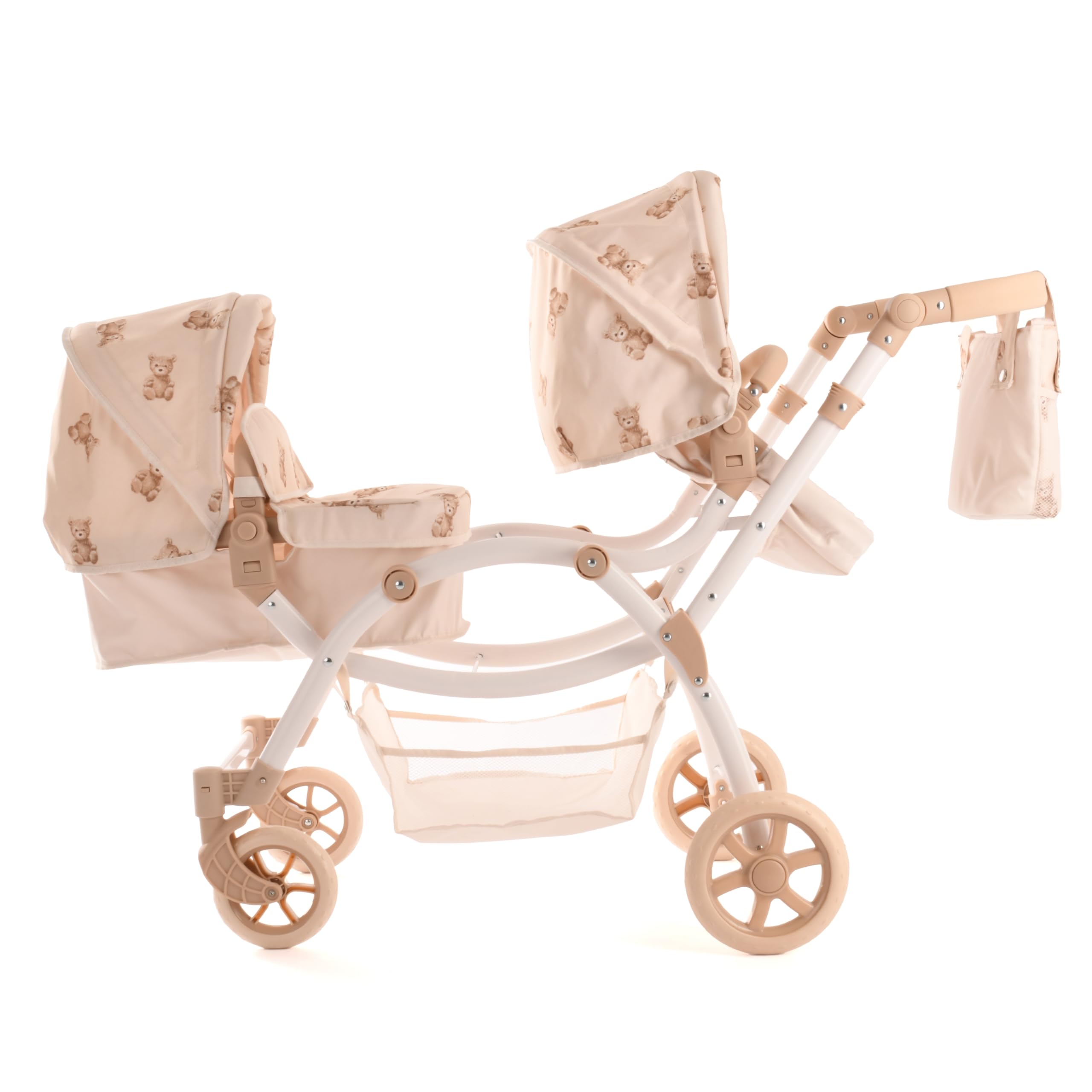 Teddy Twin Luksusowy Wózek dla Lalek Bliźniaków – Podwójny 3w1, Kremowy w Misie – Regulowana Rączka (50-88 cm) – Dla Dzieci 3-7 Lat