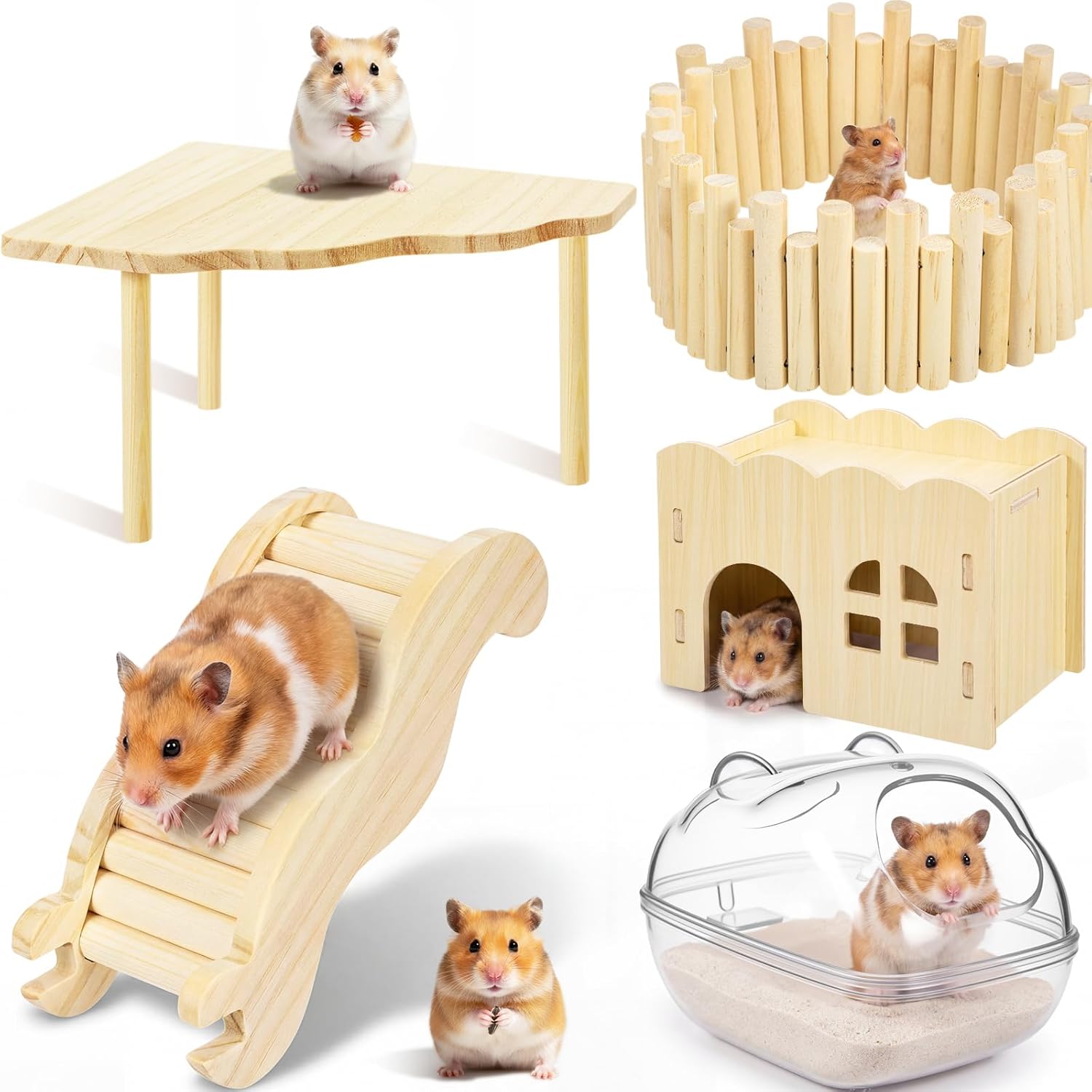 Qunclay 5 Pcs Hamster Platform Wooden Ladder Play Hidden House Game Climbing Toy with Hamster Bath Container Decor Cage Accessories for Dwarf Syrian Mice Degus Gerbils Squirrel and Small Animals