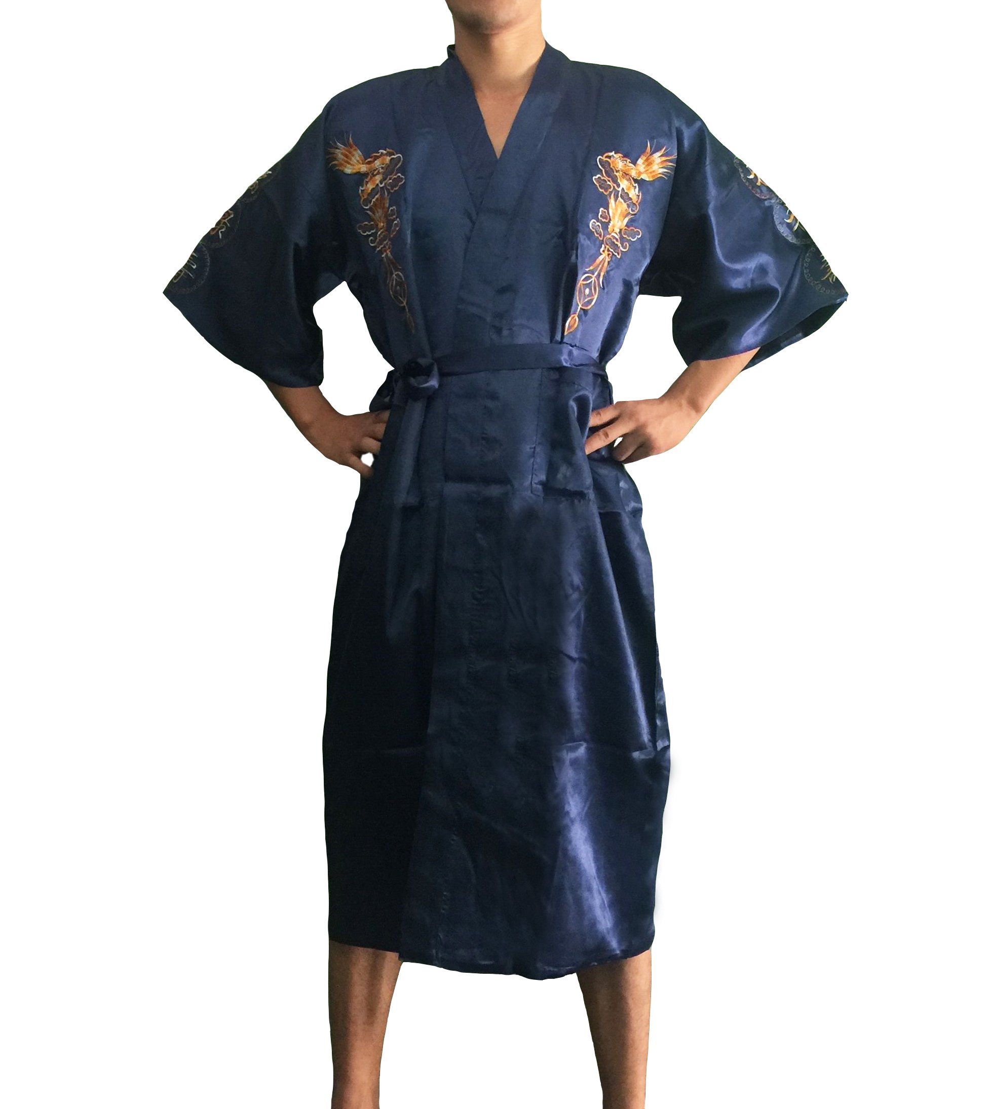 Jtc Men's Dark Blue Dragon Floral Satin Kimono Gown Bathrobe Sleeping Wear Nightwear (Dark Blue)