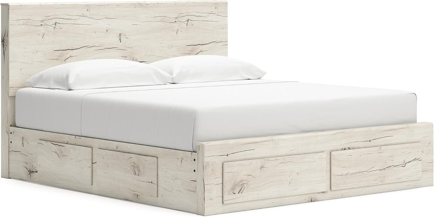 Signature Design By Ashley Lawroy King Bedframe with Headboard, Panel Storage Platform Bed with 6 Smooth-Gliding Drawers, Rustic White Finish for Modern Farmhouse Spaces