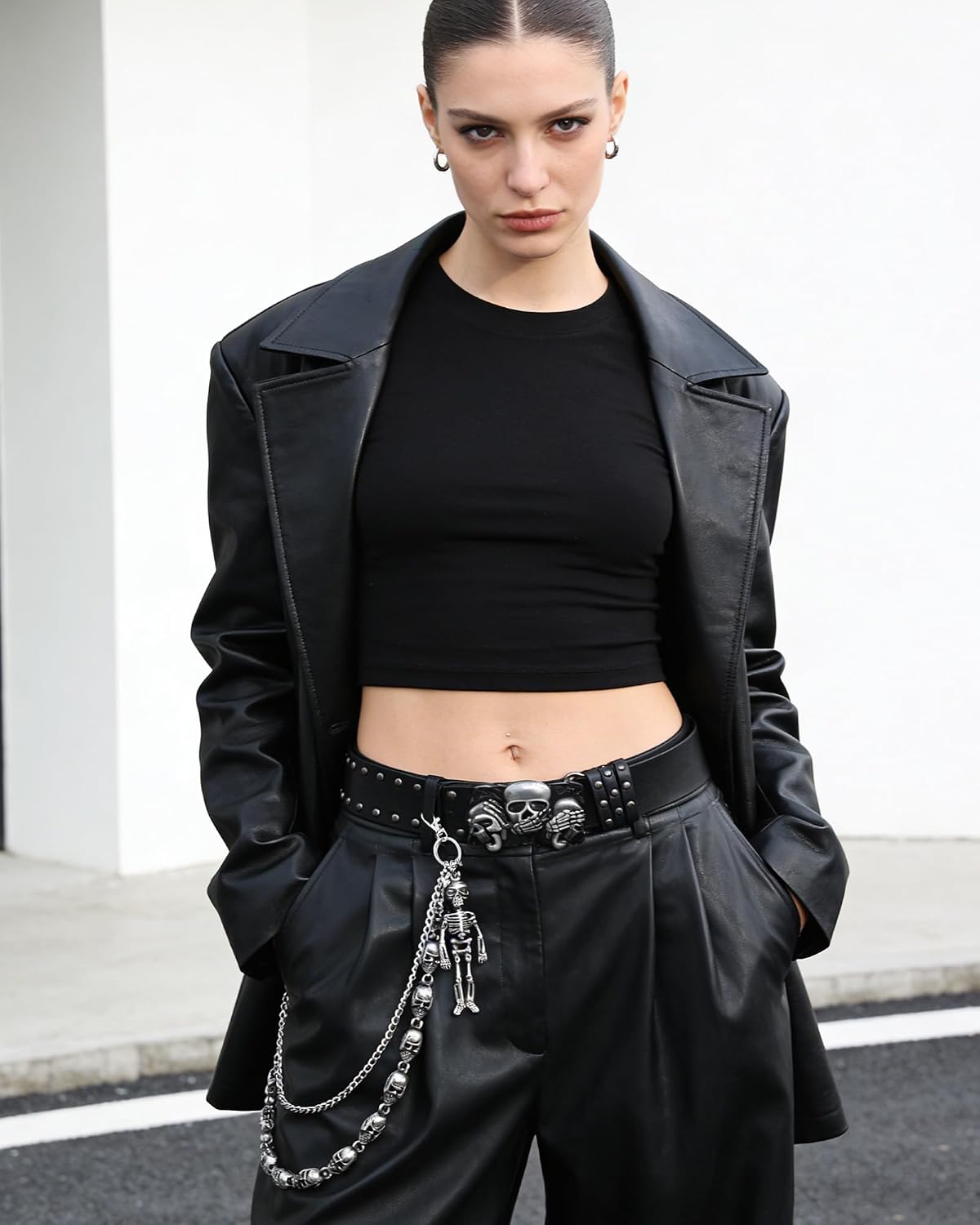 Punk Belt with Pants Chain - 2Pcs Grunge Accessories for Women Men, Aesthetic Metal Gothic Rock Belt Set for Jean