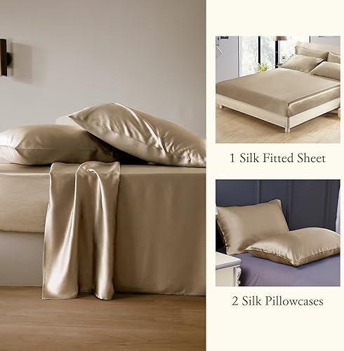 Miniatura 3 de LilySilk Juego de sábanas bajeras de seda de 3 piezas, 100% seda de morera grado 6A, 2 fundas de almohada de seda y 1 sábana bajera de seda,