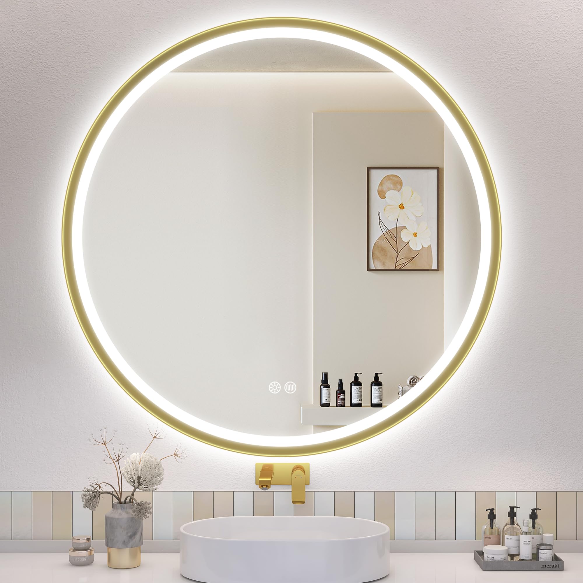 S'bagno Round Bathroom Mirror with Lights 800mm, Illuminated LED Mirror Bathroom with Aluminum Frame, Anti-Fog, 3000-6500K, HD Tempered Glass, IP44 Waterproof, Memory, Golden