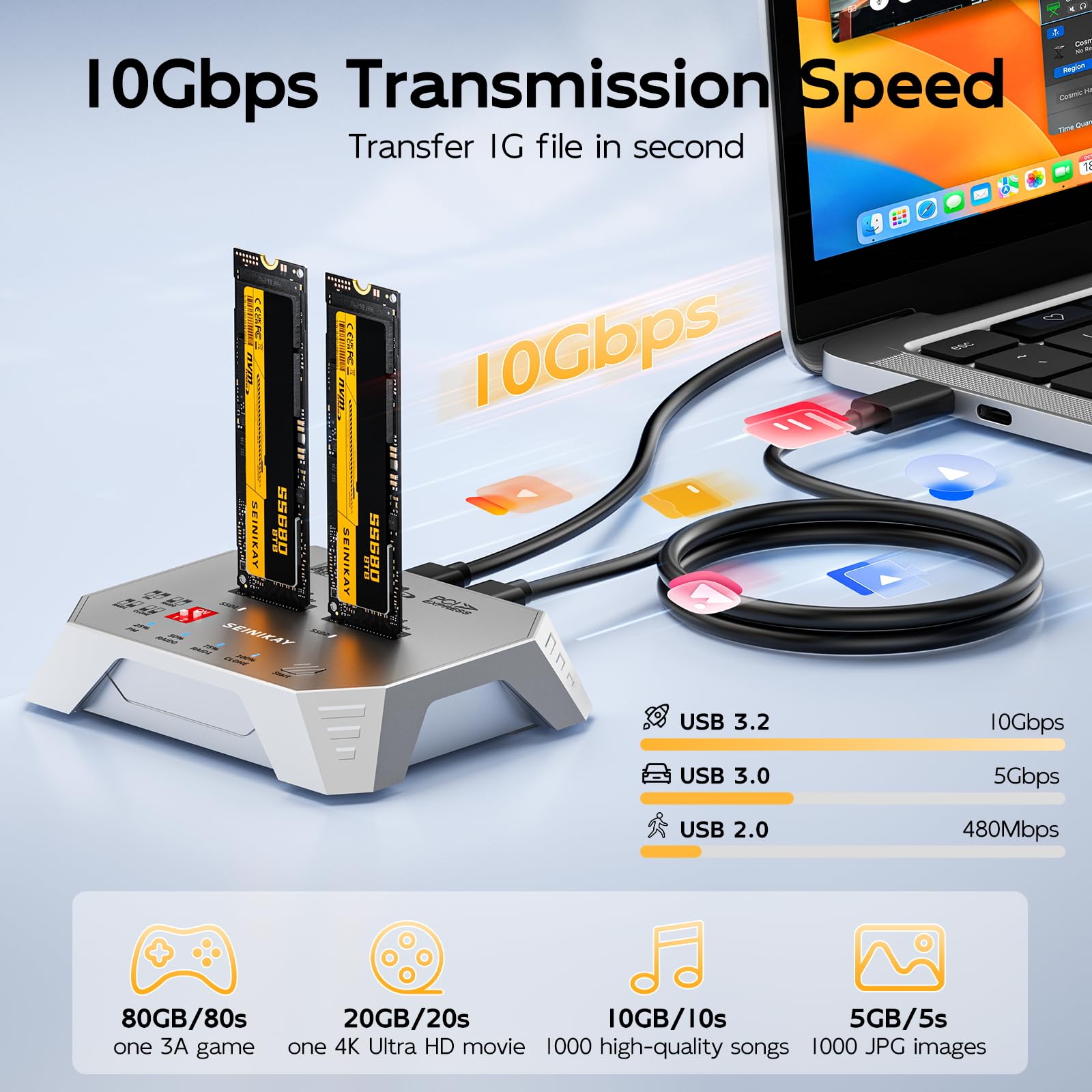 M.2 Cloner do NVMe SATA SSD, zewnętrzna obudowa RAID, podwójna obudowa NVMe, czytnik M.2 20 Gb/s, zaprojektowany dla 22110 2280 2260 2242 2230 rozmiar