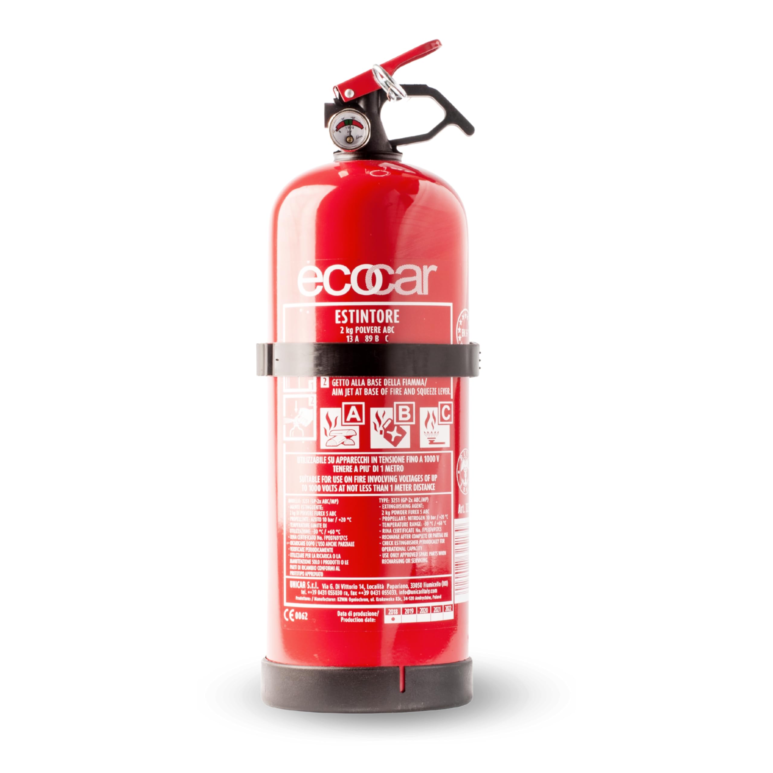 ecocar - Estintore 2kg in Polvere Omologato EN3 per Auto, Casa, B&B, Camper e Ufficio - con Manometro e Supporto Incluso