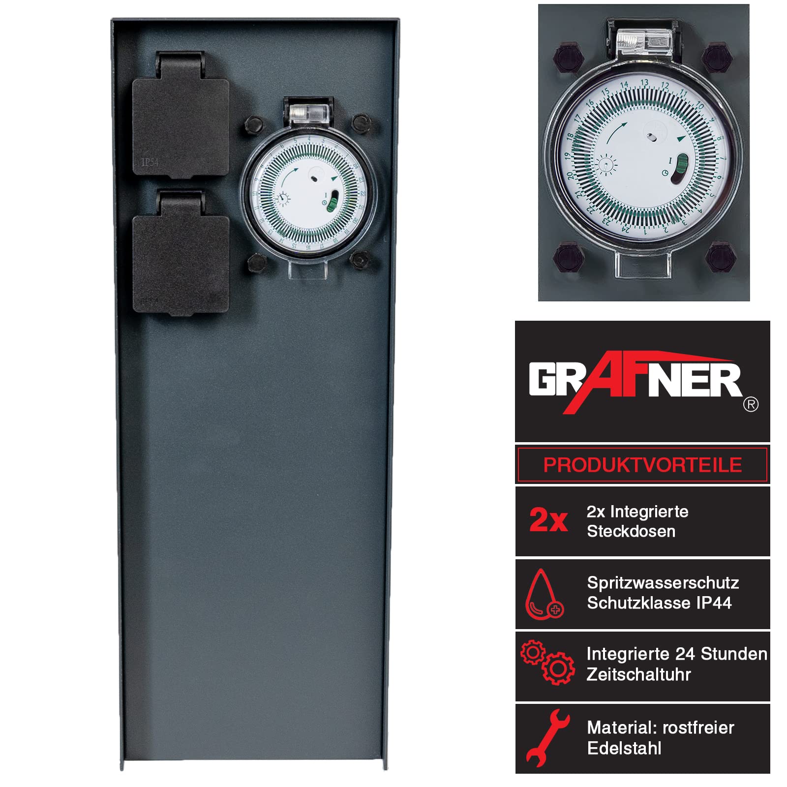 Grafner Edelstahl Design Gartensteckdose mit Zeitschaltuhr 2 Steckdosen, anthrazit, ON/AUTO, 3600 Watt, Pulverbeschichtung, Energiesäule Timer Mehrfach Metall Außen Steckdose 2-Fach schwarz lackiert