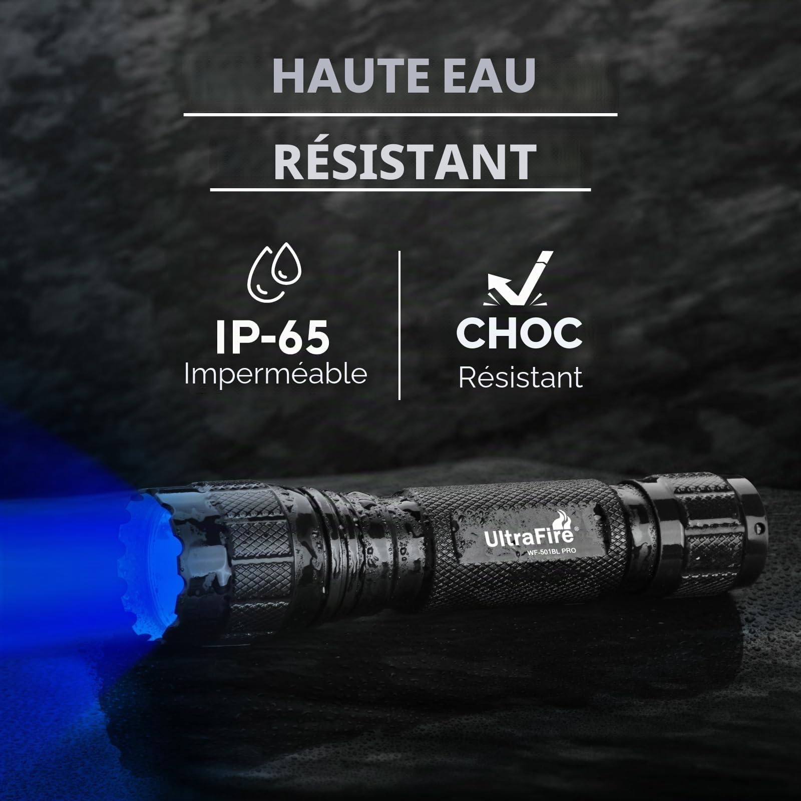 ULTRAFIRE Lampe torche LED bleue 450-460 nm avec étui, lumière bleue de pêche haute puissance 10 W pour vision nocturne, observation fluorescente de flotteur, WF-501G RRO