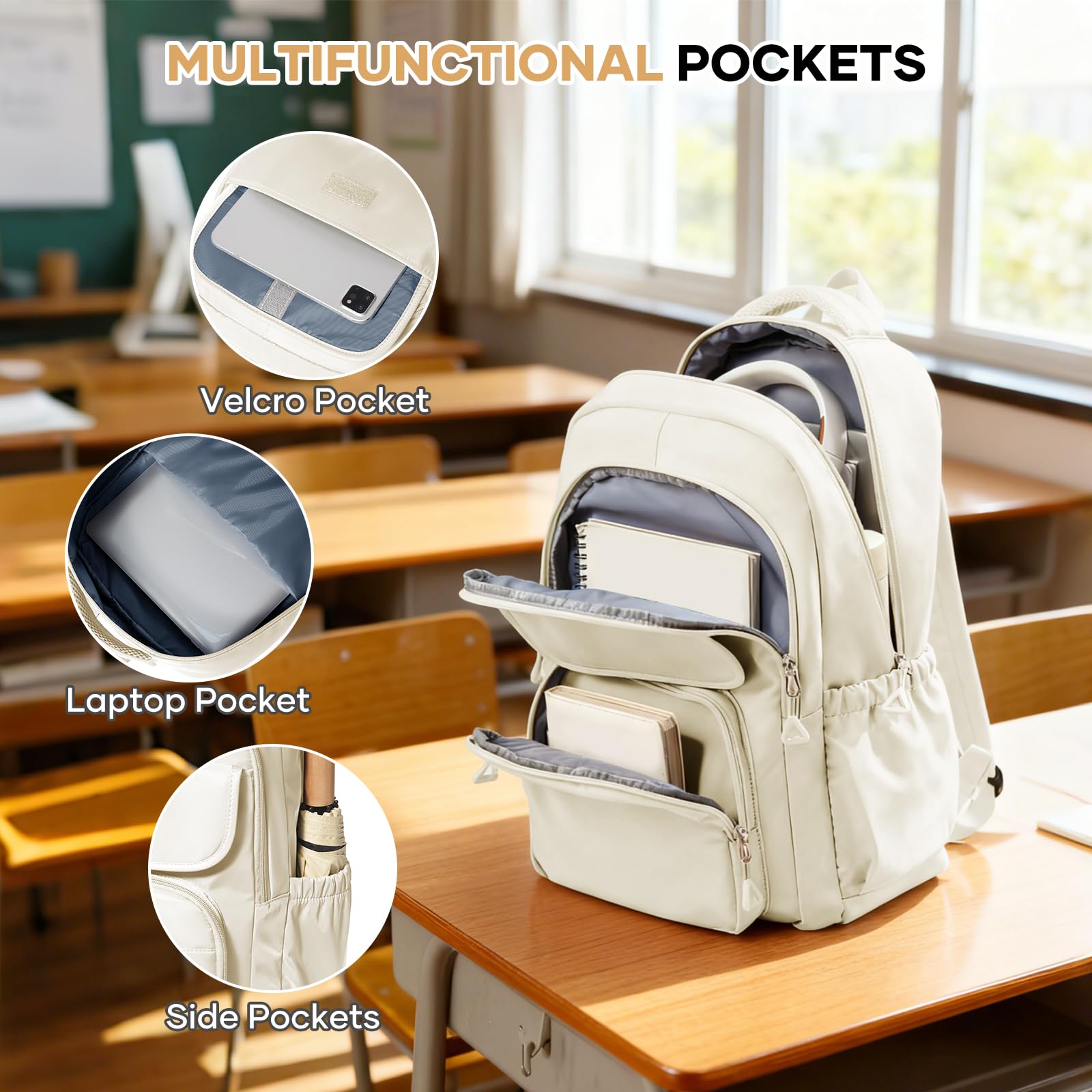 HYC00 Plecak Szkolny Młodzieżowy Dziewczęcy Tornister Lekki Szkoły średniej Dziewczyny Plecaki Studenckie Kobiety Szkolny Plecak Uniwersytet Casual Daypack Laptopa Backpack for Women Work Bag,Beżowy