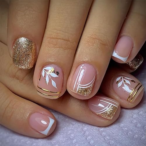 Press on Nails Short Square Fake Nails Leaves False Nails
