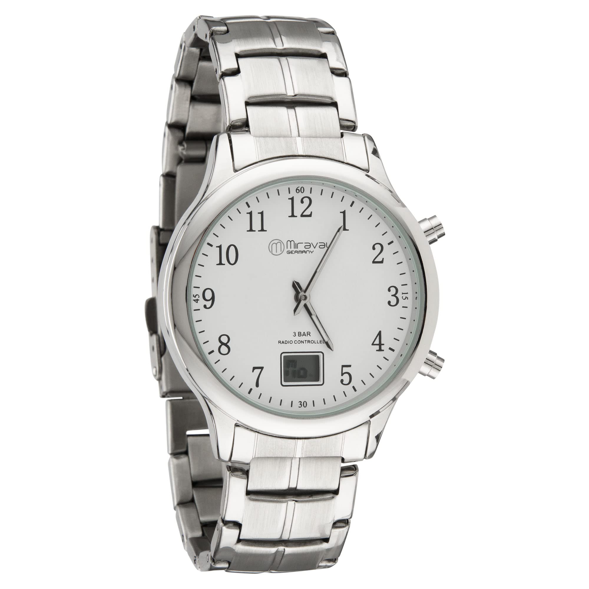Miraval Funk-Armbanduhr mit Edelstahlarmband Funkuhr Japanisches Quarzuhrwerk 41 mm Edelstahl 20 mm Funksignal DCF77 Herrenarmbanduhr Damenarmbanduhr Digitale & Analoge Anzeige Datumsanzeige