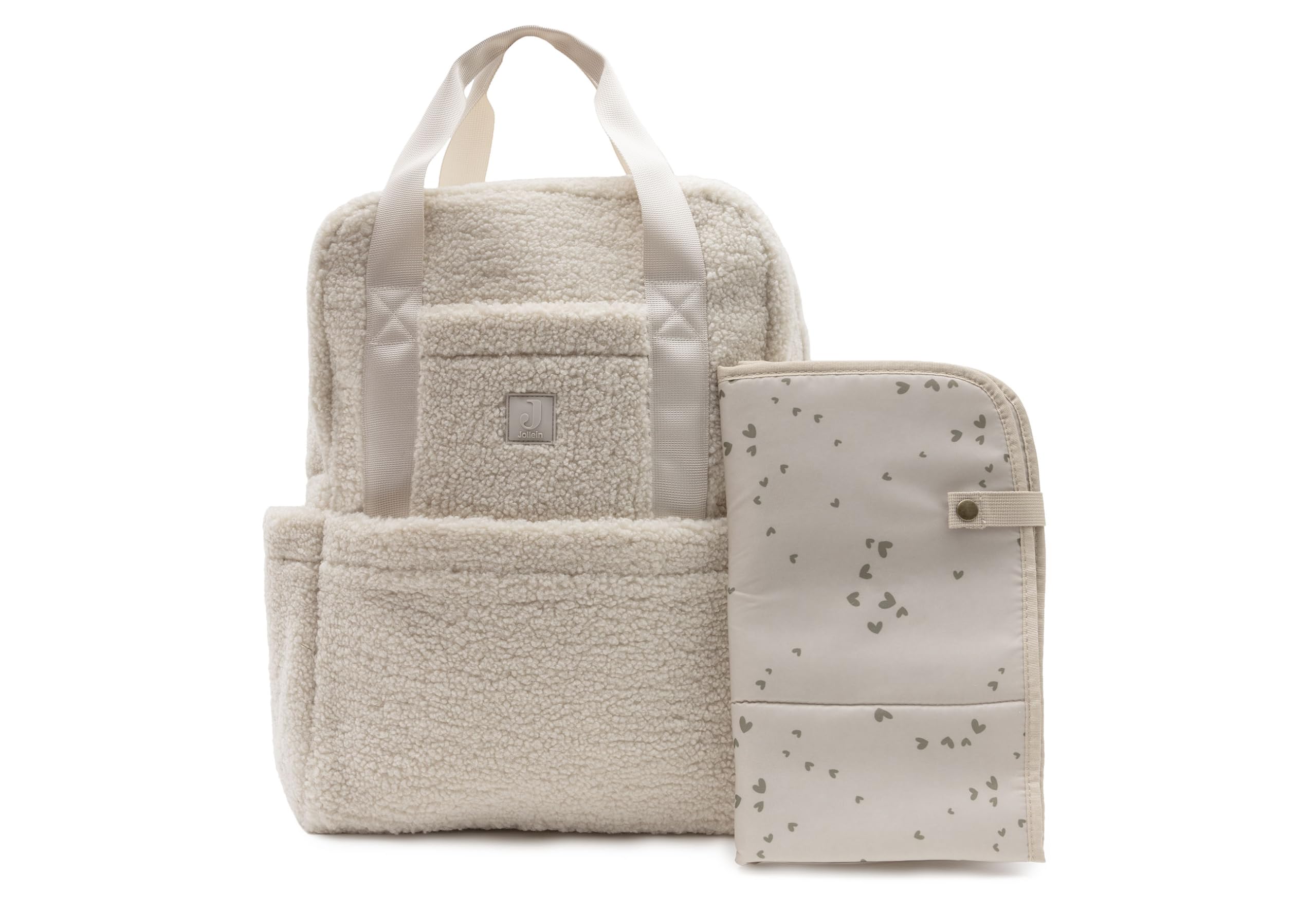Jollein Wickelrucksack - Teddy Lou - Wickeltasche mit Wickelunterlage - Mit Fächern & Kinderwagenbefestigung - Flaschenhalter - Sand - 40x30x16 cm