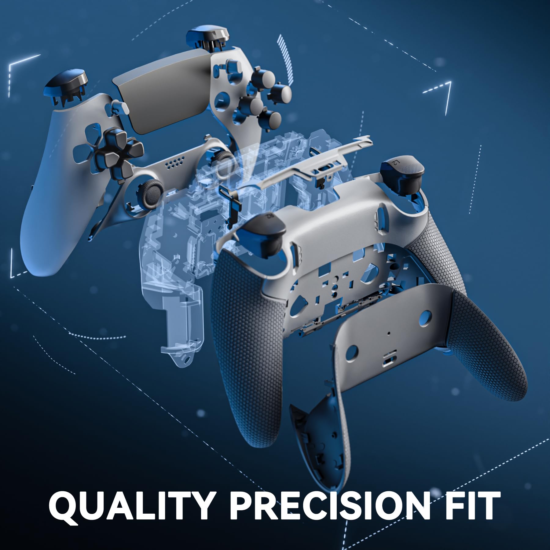 eXtremeRate Beyond ARC Full Gehäuse Set kompatibel mit ps5 Edge Controller, Gummiert Griff Rückgehäuse/Custom Faceplate/Deko Zierleiste&Tauschbare Joysticks/Tasten Zubehör Set-Grau