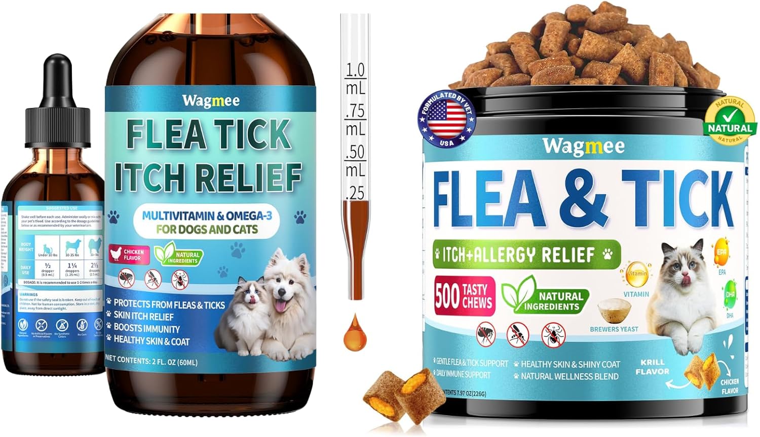 Natural Cat Flea Treatment Chewables & Flea and Tick Prevention for Dog and Cat, Supports Healthy Skin & Coat - Oral Supplement for All Breeds & Ages - Chicken