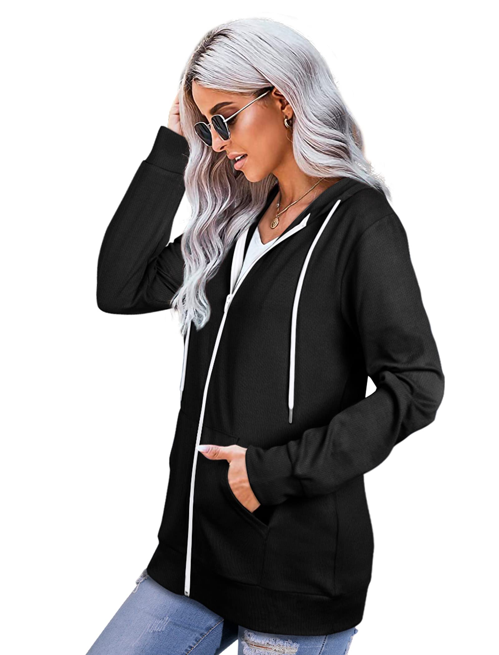 Saloogoe Felpe con cappuccio leggere con zip per le donne felpe con cappuccio a maniche lunghe giacca sottile con cerniera