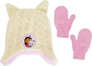 Gabby's Dollhouse Kids Beanie Hat and Gloves Set, Gabby and Pandy Paws Peruvian Winter Knit Cap with Matching Mittens and 3D Ears, Multicolor, One Size