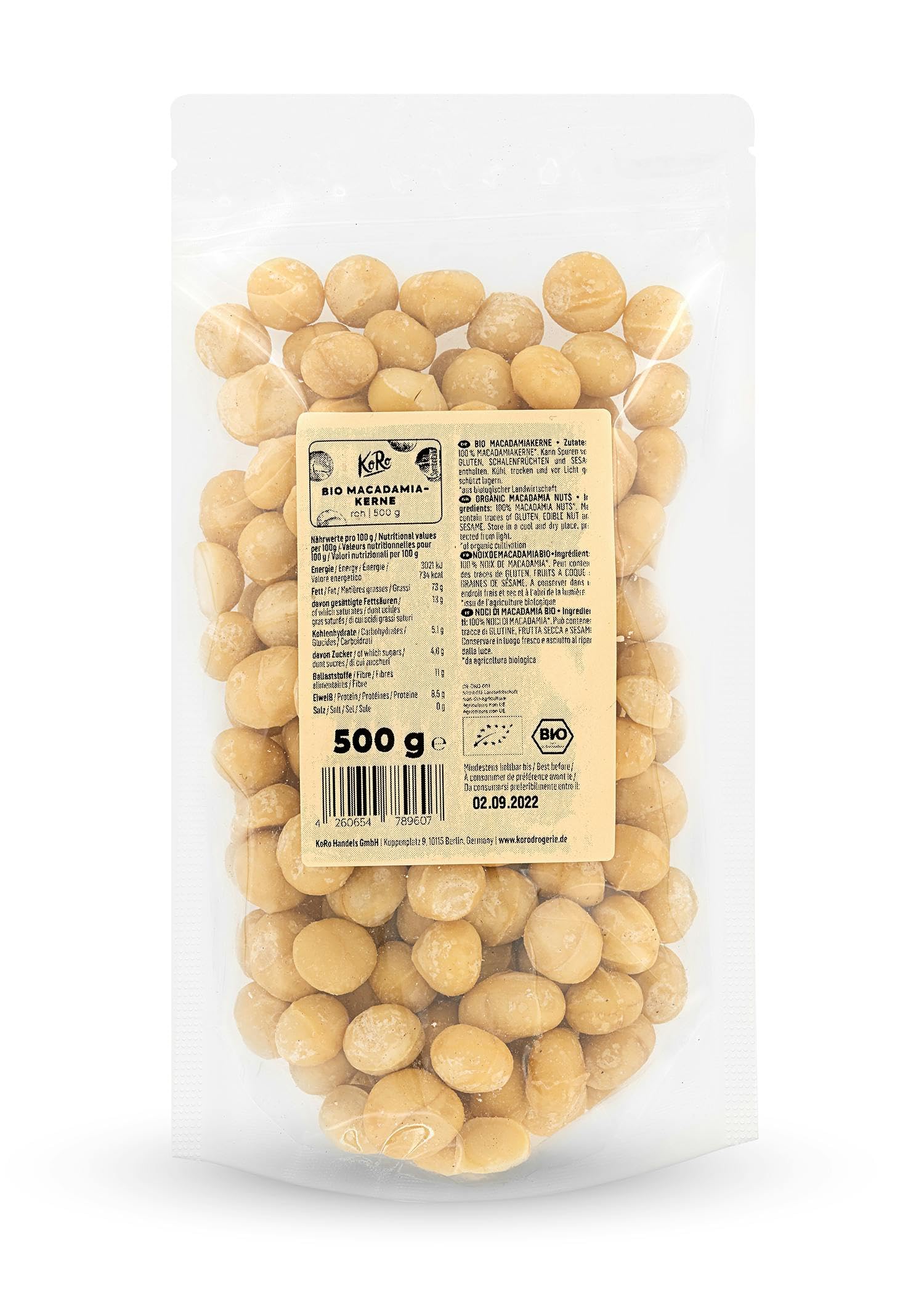 KoRo - Noci di Macadamia bio 500 g - Aroma delicato e burroso – Extra croccanti – Confezione convenienza – Bio e senza additivi