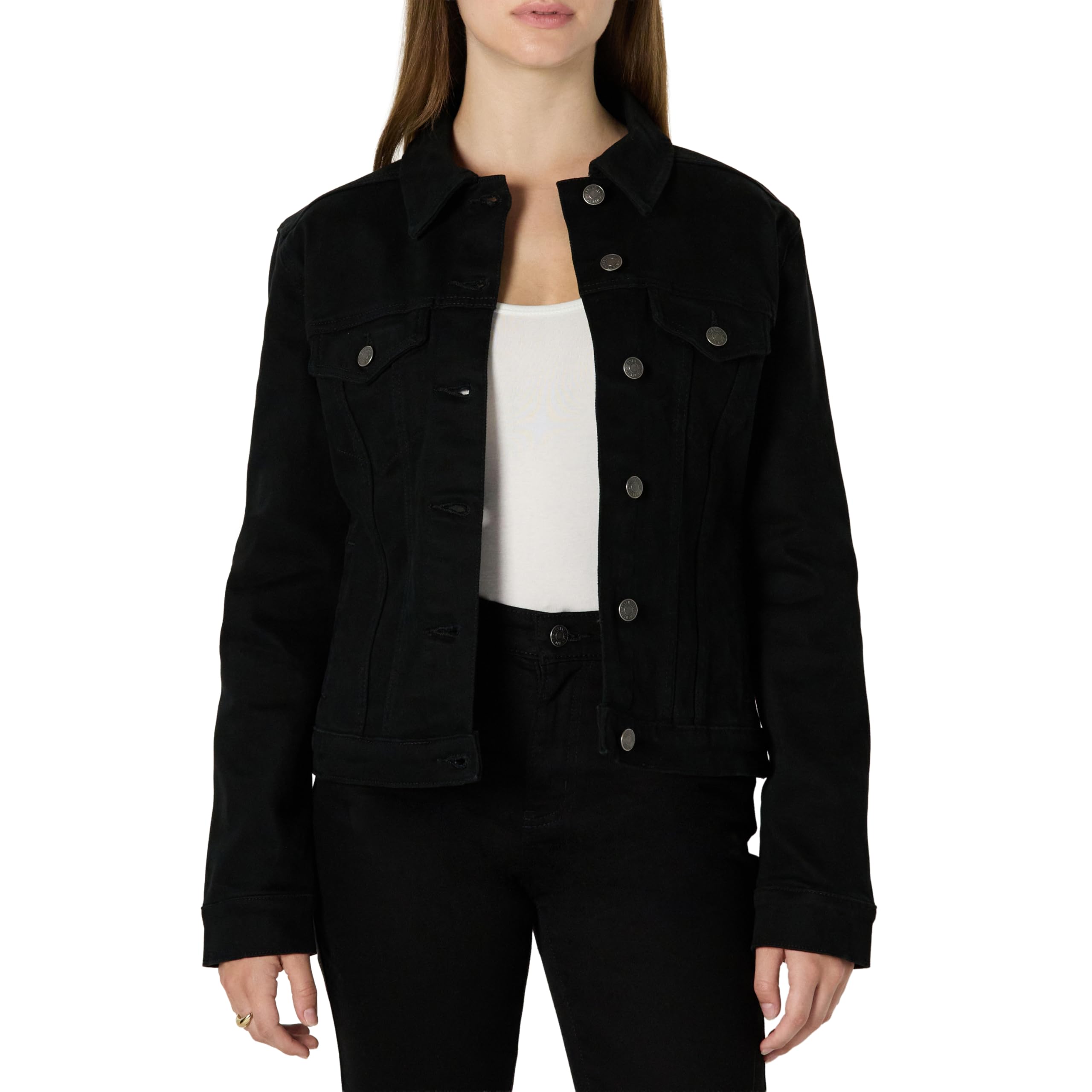 Amazon Essentials Women's Women's Low Stretch Denim Regular-Fit Button-Front Trucker Jacket, Black, S
