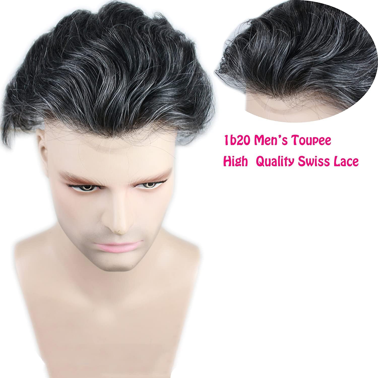 Voloria Men's Toupee Monofilament Net with PU around Base European Virgin Human Hair Lace Front Mens Hairpiece Hair Replacement System 10"×8" 80% 1B Mixed 20% Grey Color