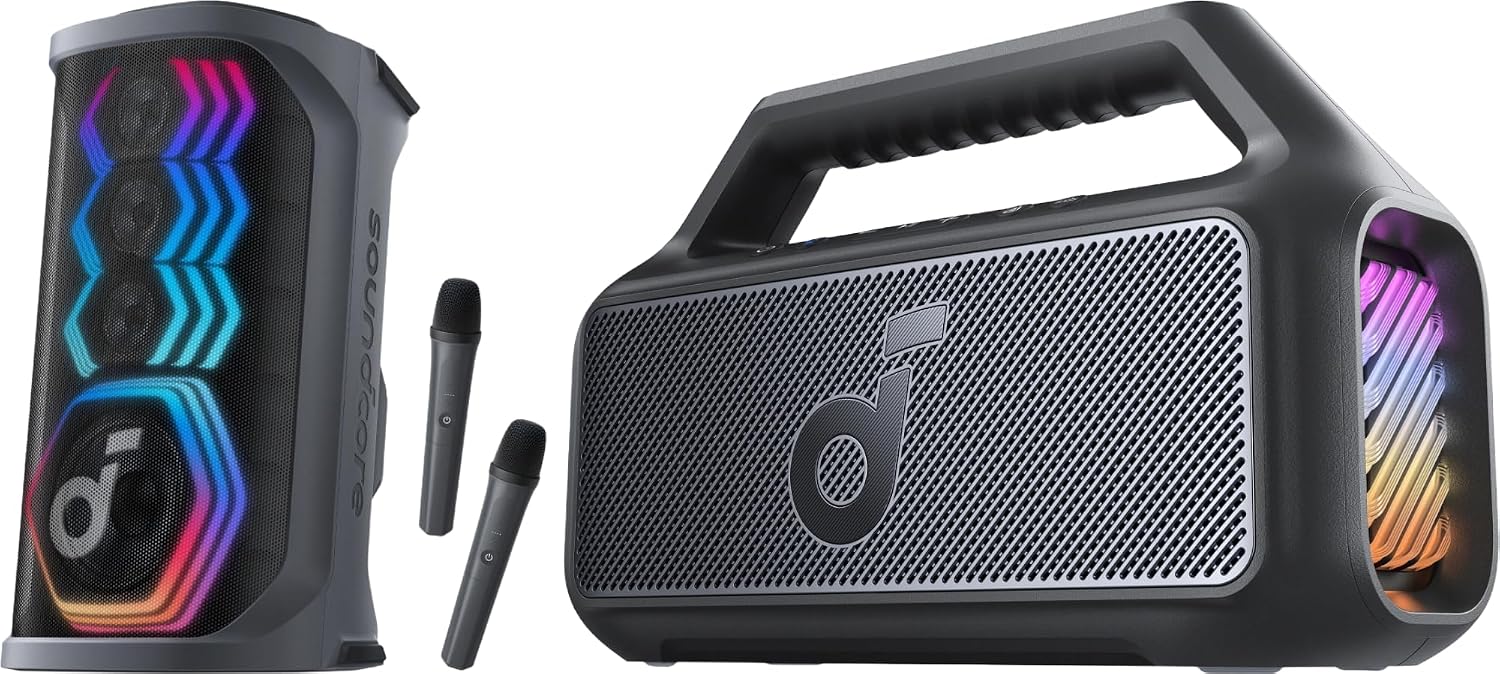 Boom 2 By Anker, Outdoor Speaker, 80W, Subwoofer, BassUp 2.0 Rave 3S AI Karaoke Party Speaker with 2 Wireless Microphones