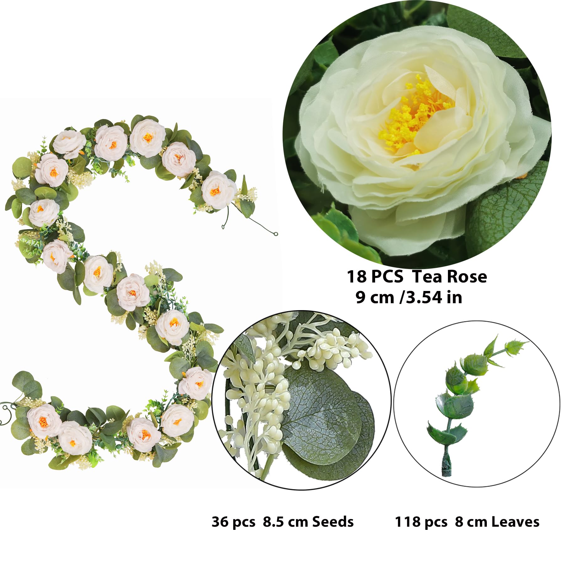 maxkes 3 Pack Artificial Flowers Garland, Fake Flower Vine with White Tea Rose,Seeded Eucalyptus Leaves, Plastic Artificial Flowers Greenery Garland for Wedding Wall Backdrop Party Decor (White)