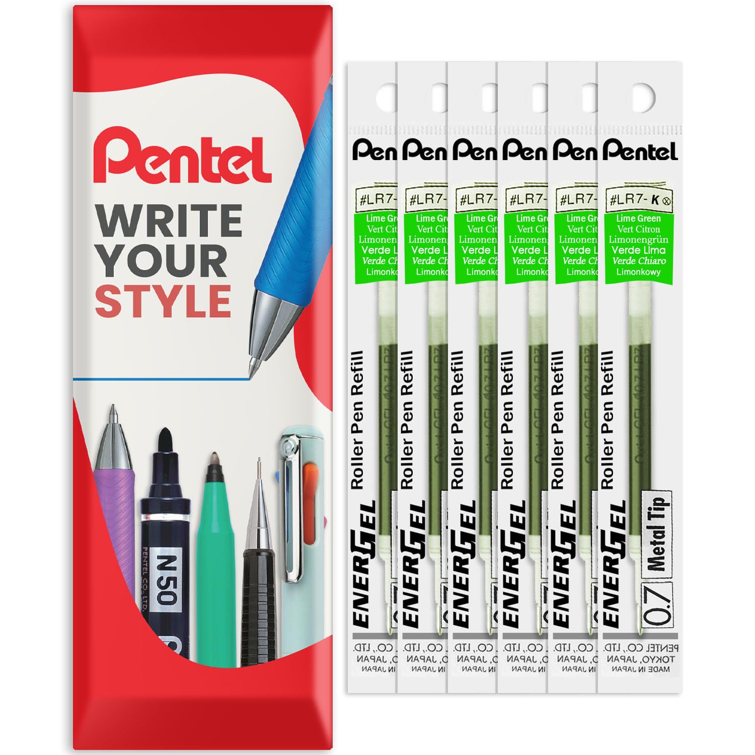 Pentel Energel 0.7mm Refill Metal Tip LR7 - BL77/BL57/BL37 Pen Refill - in Envelope Gift Packaging - Pack of 6 (Lime Green)