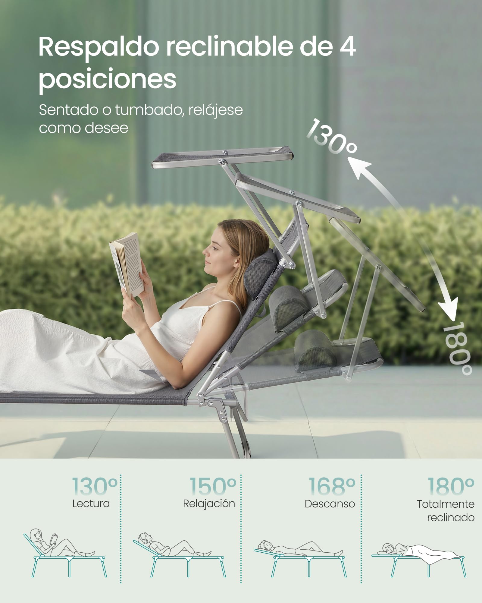 SONGMICS Tumbonas Plegables, 189 x 53 x 28,5 cm, Juego de 2 Tumbonas para Jardín, con Cojines, Cada Una con Carga 110 kg, con Parasol y Respaldo Ajustables, para Terraza y Balcón, Gris GCB292GZ02