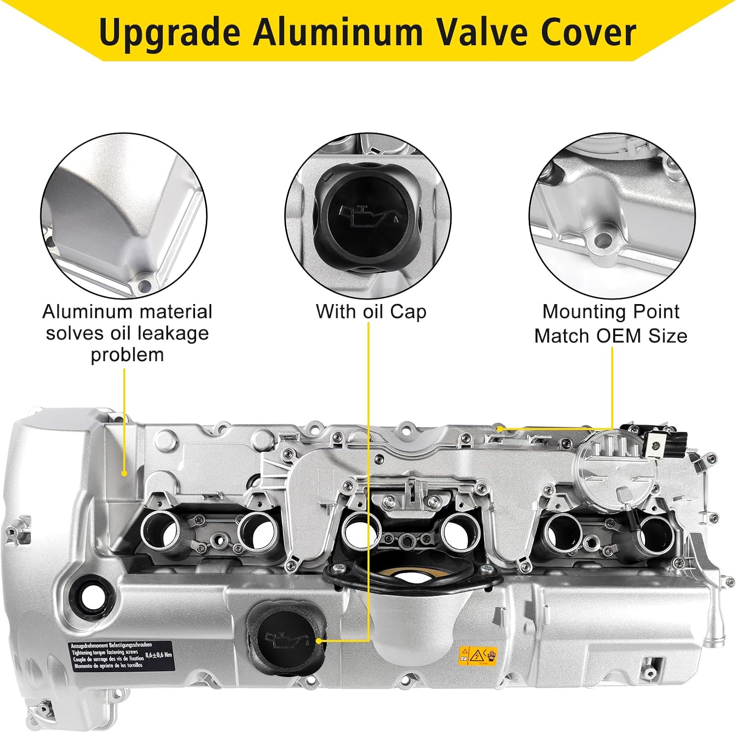 Upgrade Aluminum Valve Cover Kit 11127552281 Compatible with Engine BMW N52 3.0L E60 E70 E82 E90 E91 E92 F10 Z4 X3 X5 128i 328i 328xi 328i xDrive 528i 528xi 535i W/Gasket & Bolts
