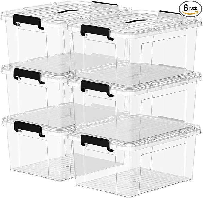 16Qt*6 Plastic Storage Bins, Lidded Tote Storage Box with Handle, Stackable, Clear, 16Quart, 6 Pack