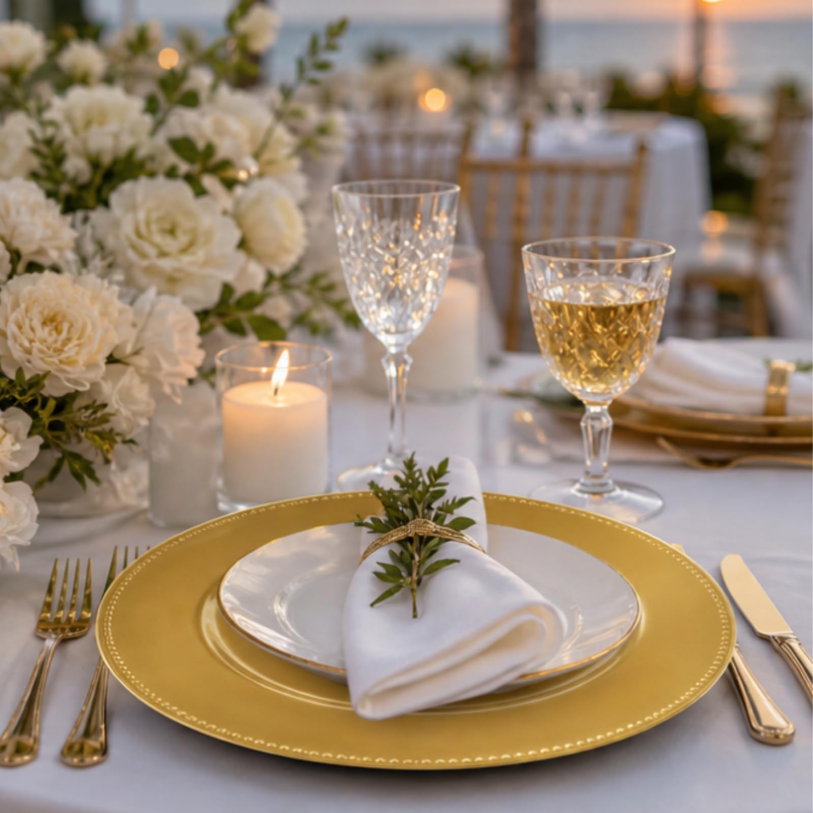 Okllen 12 Pack Plastic Gold Charger Plates, 13" Round Beaded Charger Plates Decorative Dinner Chargers, Embossed Charger Serving Plates for Wedding, Catering Event, Tabletop Decor