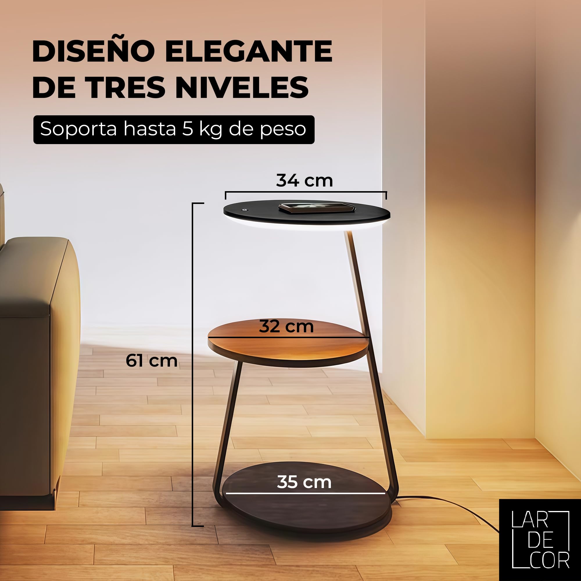 Mesita de Noche con Estación de Carga y Luz LED Variable, Mesa Auxiliar Alta de Madera con Cargador Inalámbrico y 2 Estantes, Ideal para Dormitorio o Salón, 35x61 cm (Zenith)
