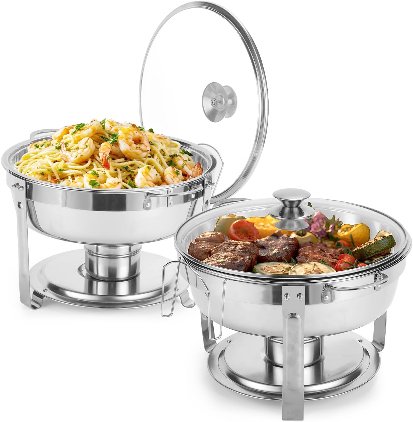 Amhier 5 Qt Chafing Dish Buffet Set with Visible Glass Lid and Holder, Round Chafers and Buffet Warmers Sets with Food and Water Trays for Catering, Parties and Weddings, Silver, 2Pack Sliver-glass