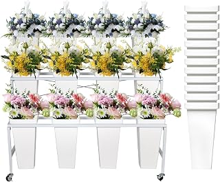 White Metal Flower Cart with Wheels, 3 layers Flower Display Stand with 12 Buckets, Solid flower cart display stand for Outdoor Indoor Wedding Florist, Moving flower bar stand for Garden Patio Home
