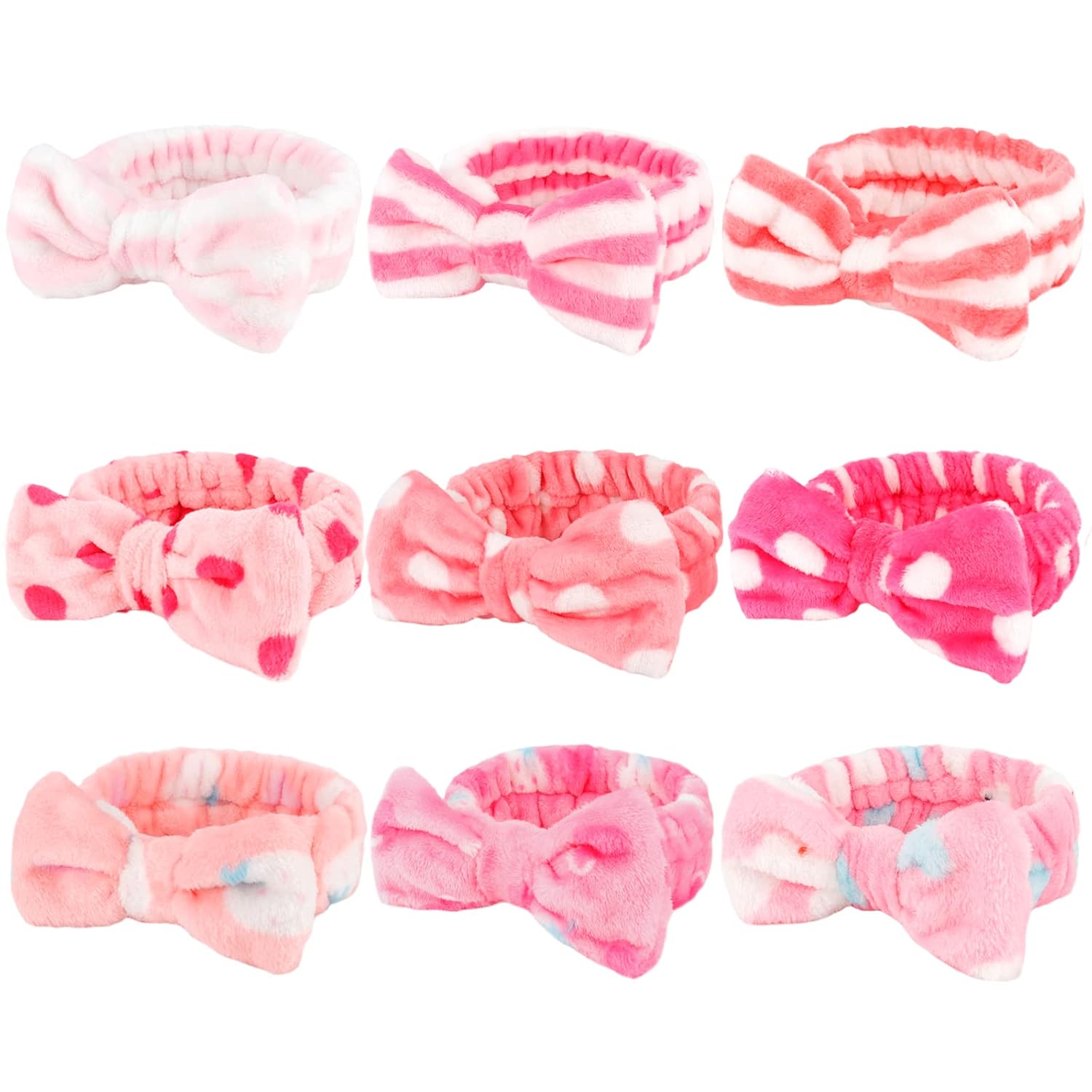 WHAVEL 9 Pack Pink Microfiber Hairband for Washing Face, Makeup Headband Skincare Headbands with Cute Bow, Fluffy Face Wash Headband for Women