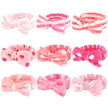 WHAVEL 9 Pack Pink Microfiber Hairband لغسل الوجه، عقال ماكياج عصابات العناية بالبشرة مع القوس لطيف، رقيق الوجه غسل عقال للنساء