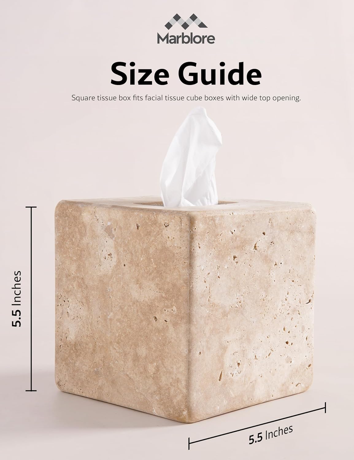 Marble Tissue Box 5.5" Travertine Tissues Holder for Bathroom Vanity Organizer, Countertop, Perfect for Valentine’s Day Living Room or Home Office, Decorative Box for Facial Tissues and Napkins