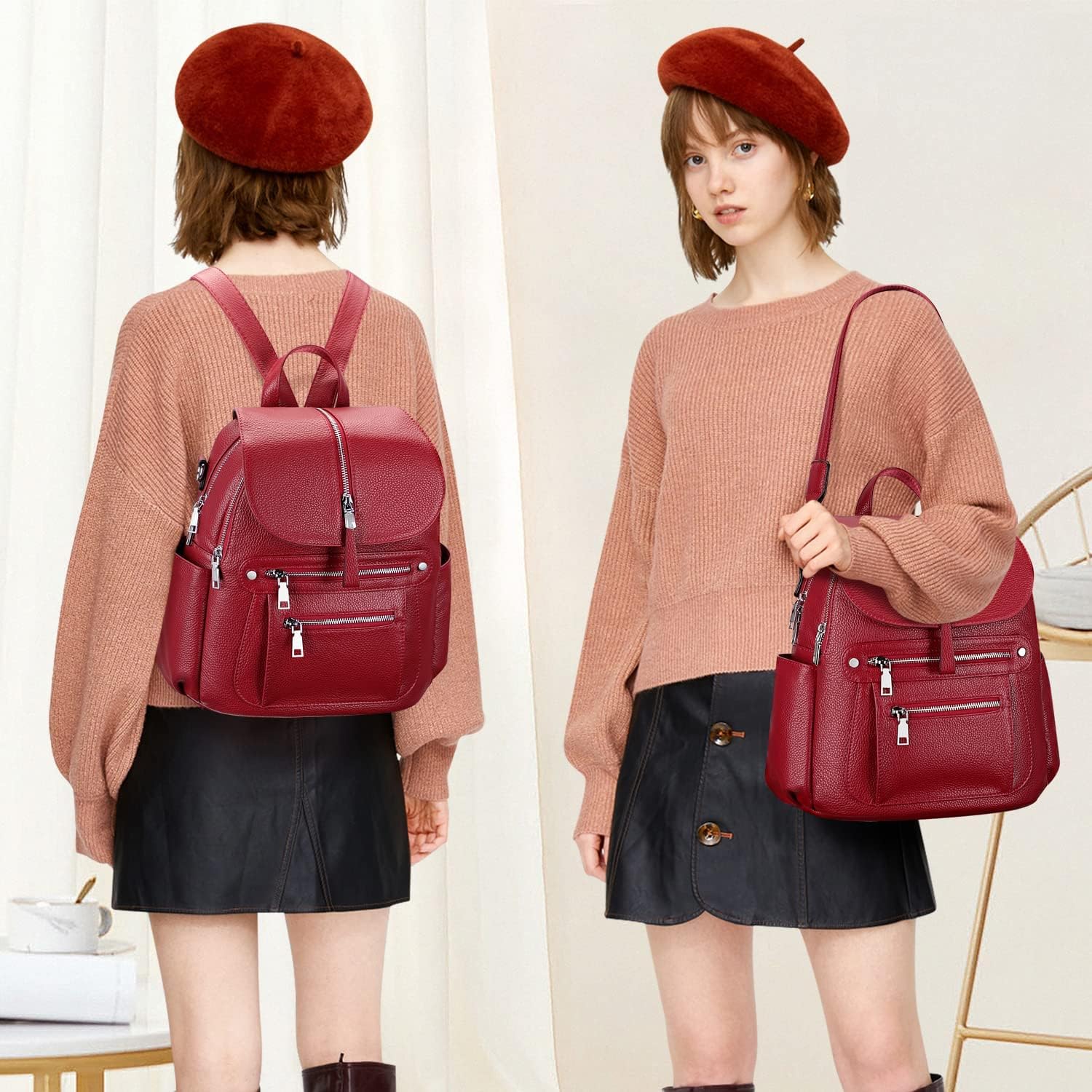 ALTOSY Leather Backpack Purse for Women Fashion Casual Handbag with Multi Pockets and Flap (S107 Wine Red) - Image 3