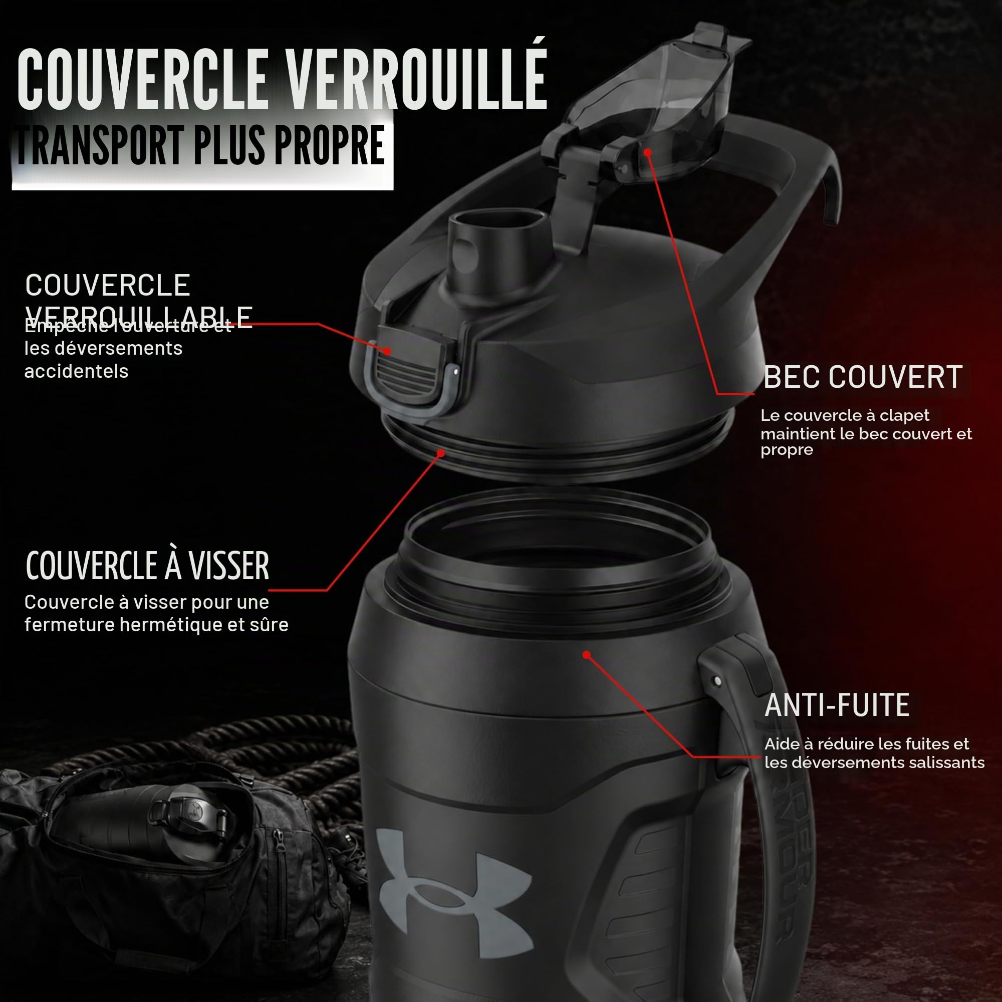 Under Armour Playmaker Carafe de sport, bouteille d'eau avec poignée, isolation en mousse et résistante aux fuites, 1,9 l, noir/noir