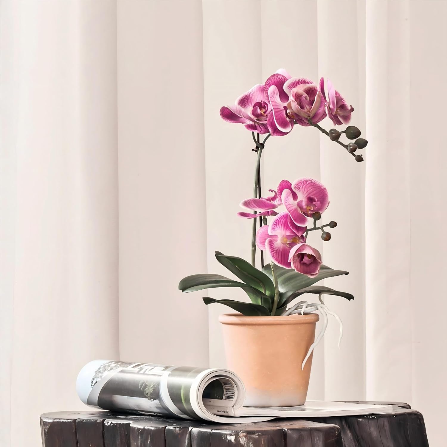 Avoeco Artificial Real Touch Orchid Plant – 15" Faux Phalaenopsis in Pot – Highly Realistic Silk Orchid Flower & Leaf Texture for Home, Office,Shop & Wedding Décor (Fuchsia, 15“)