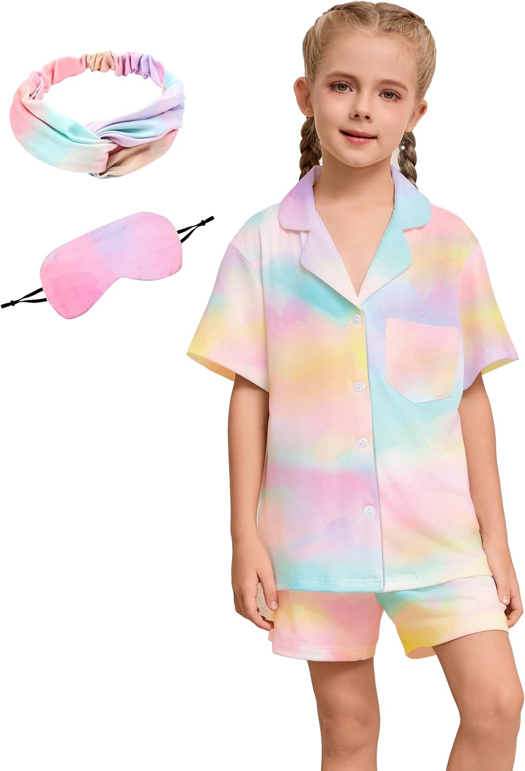 Kids Pajamas Girls Pajama Set 2-Piece Girls Button-Down Pjs Set Soft Sleepwear Nightwear with Eye Mask Headband