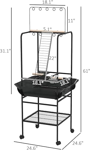 Miniatura 7 de PawHut Soporte para pájaros con ruedas, soporte de loro con perchas, cuencos de alimentación de acero inoxidable, bandeja extraíble, colgador de