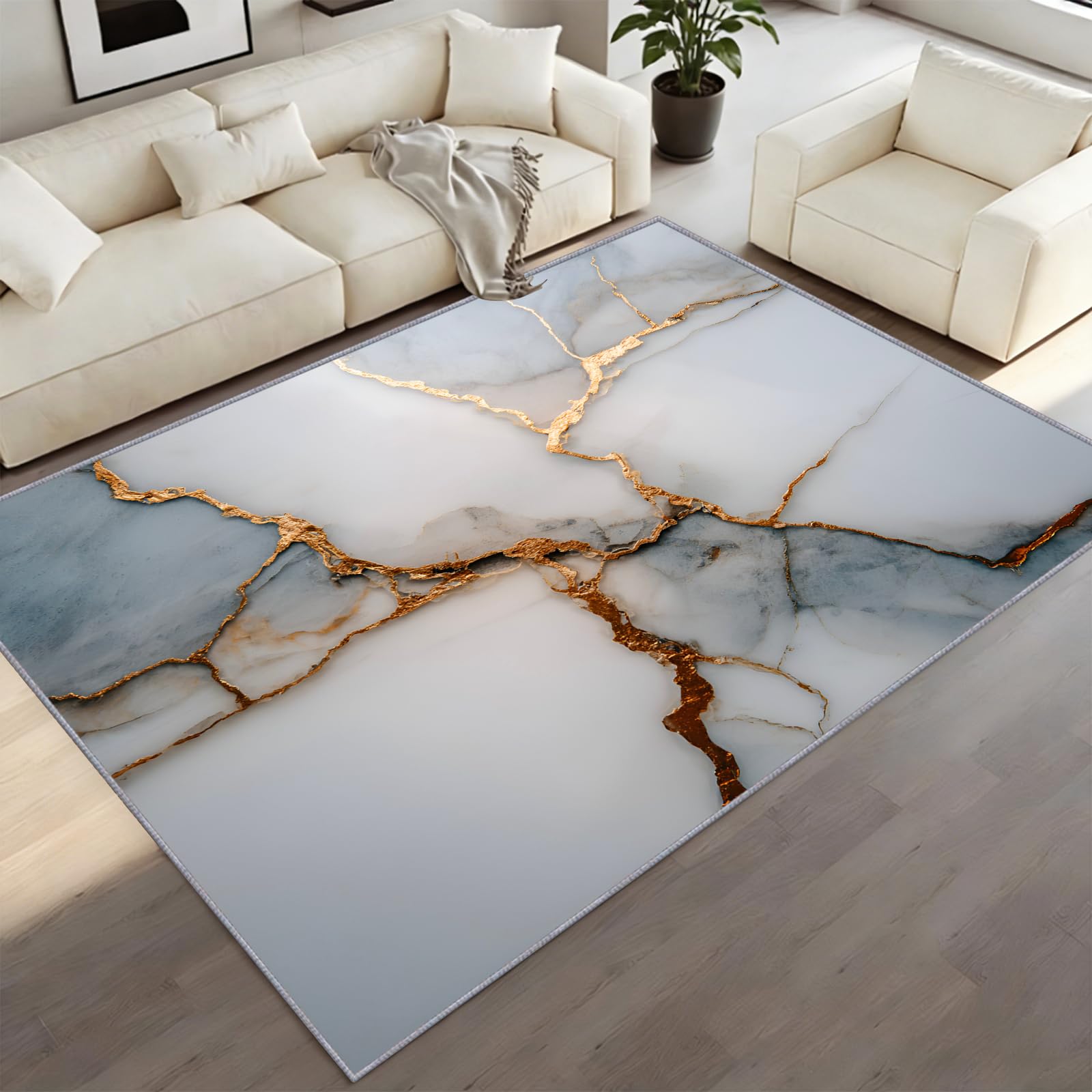 CAQDUEP Marble Area Rug 200x300cm Modern Abstract Cracked Print Rug, Luxury Contemporary Minimalist Area Rugs Non-Slip Carpet For Living Room Bedroom
