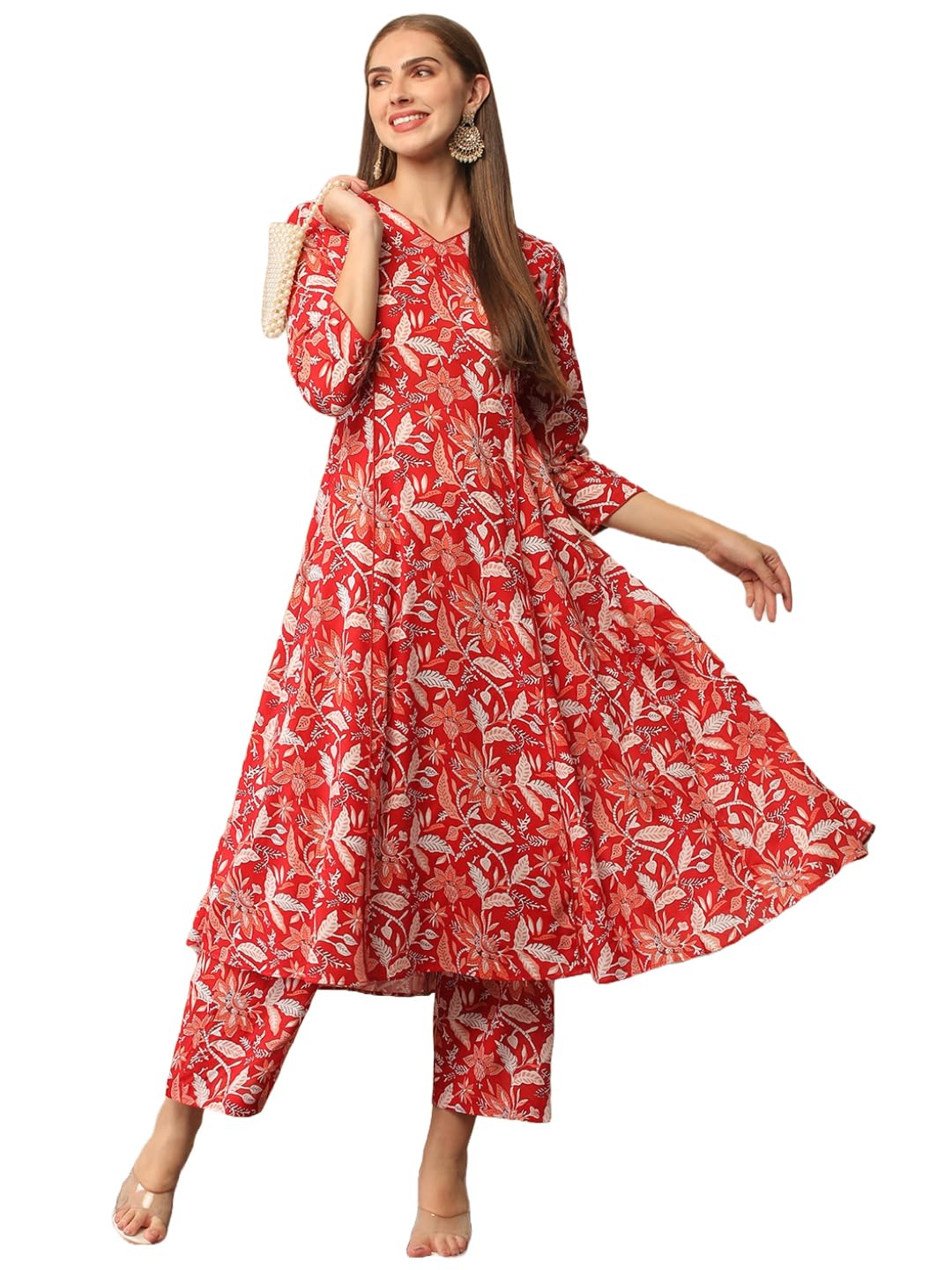 GoSriKi Women’s Rayon Blend Anarkali Block Printed Kurta with Pant