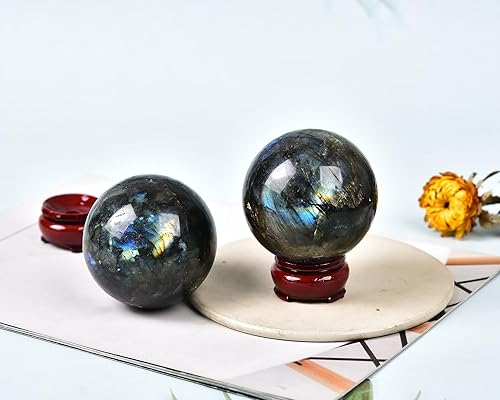 Miniatura 4 de AMOYSTONE Bola de labradorita Bola de cristal de cuarzo natural con base de madera