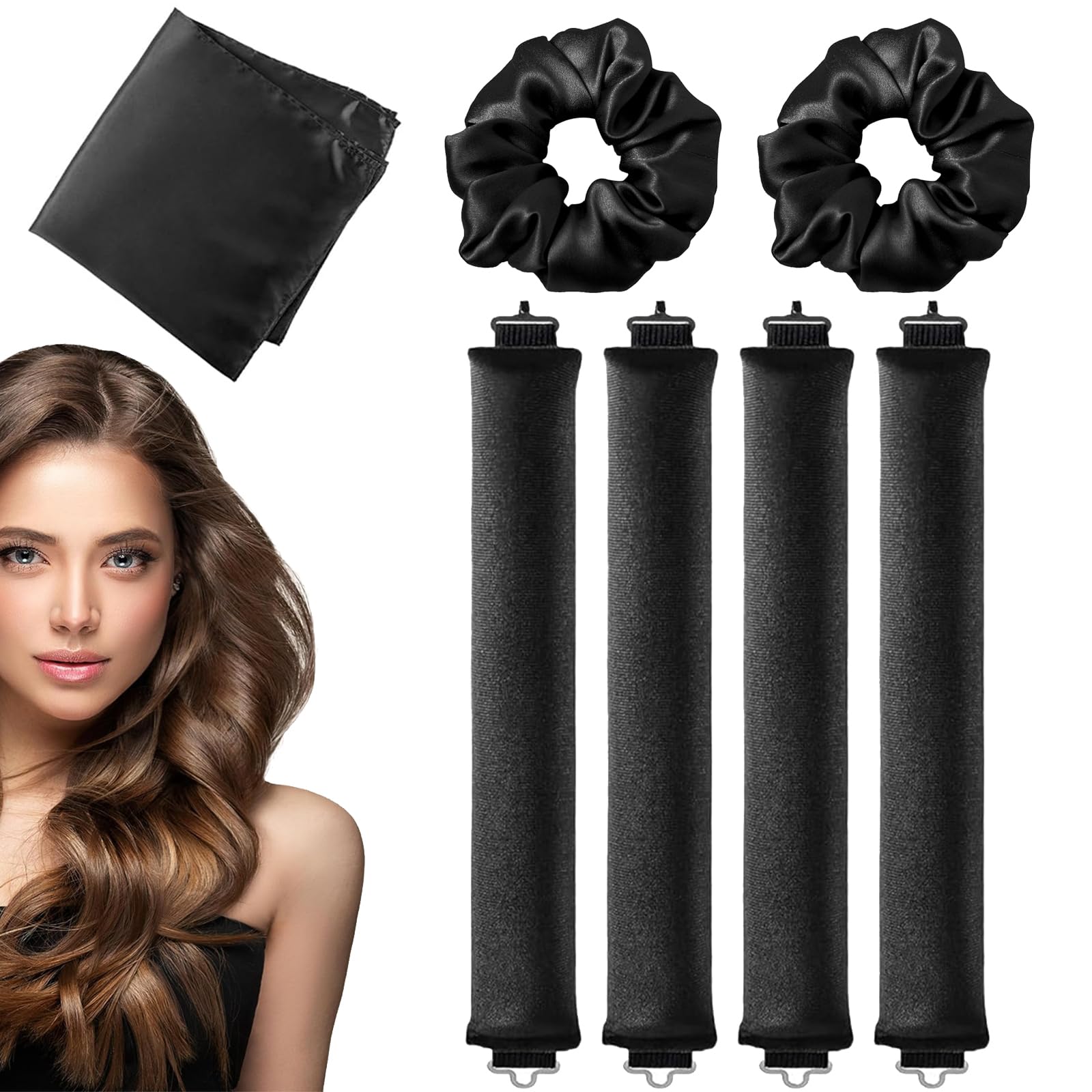 4 PCS Heatless Blowout Rods, With 1 PCS Soft Scarves+2 PCS Hair Loop, Overnight Blowout Rods, Heatless Curls