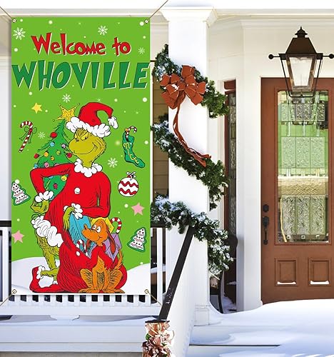 Miniatura 4 de Nepnuser Welcome to Whoville Grinchmas - Cubierta de puerta de elfo verde, decoración de fiesta de invierno, decoración de telón de fondo para