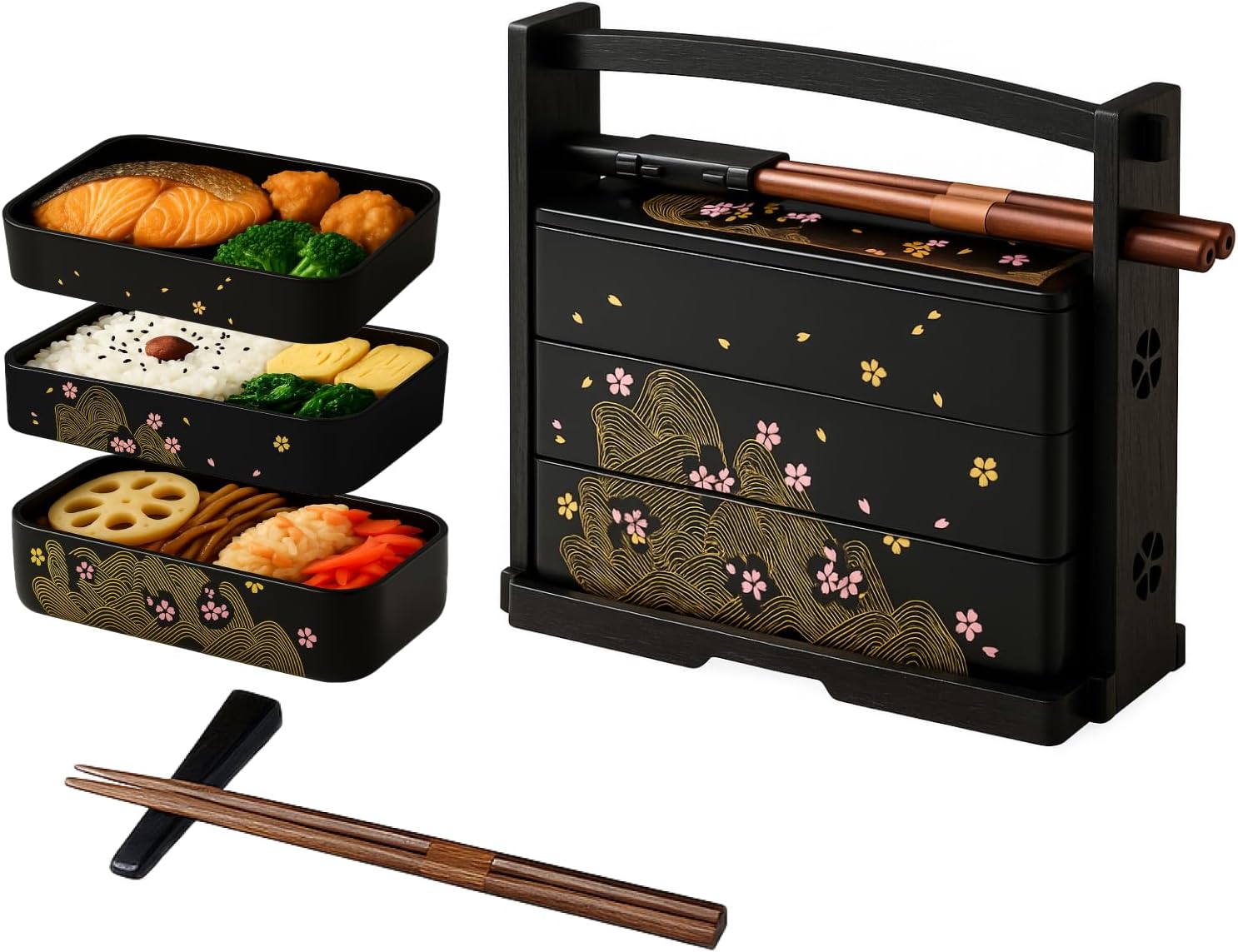 JapanBargain 1951, Made in Japan Three-Tier Japanese Lunch Bento Box with Chopsticks, Lacquered Sakura Cherry Blossom Design