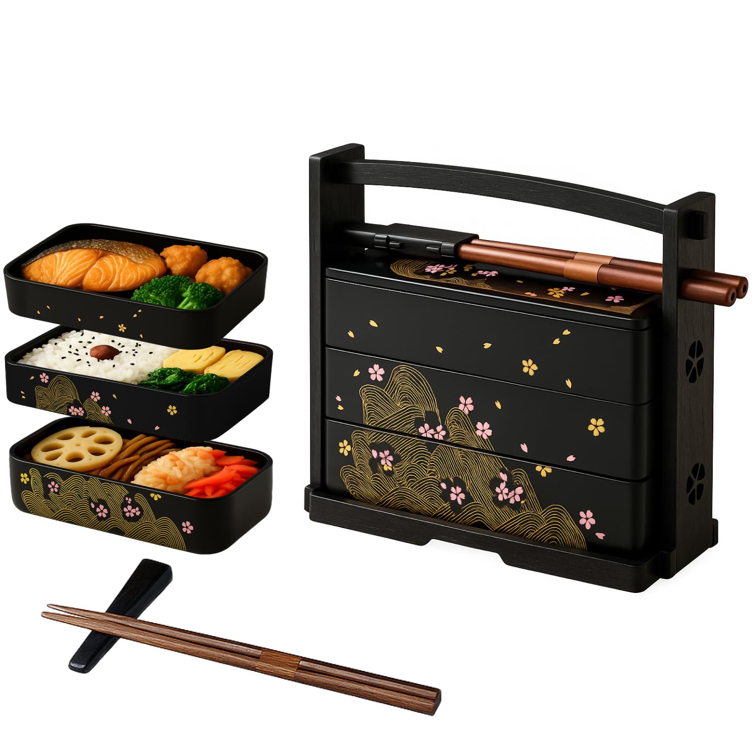JapanBargain 1951, Made in Japan Three-Tier Japanese Lunch Bento Box with Chopsticks, Lacquered Sakura Cherry Blossom Design