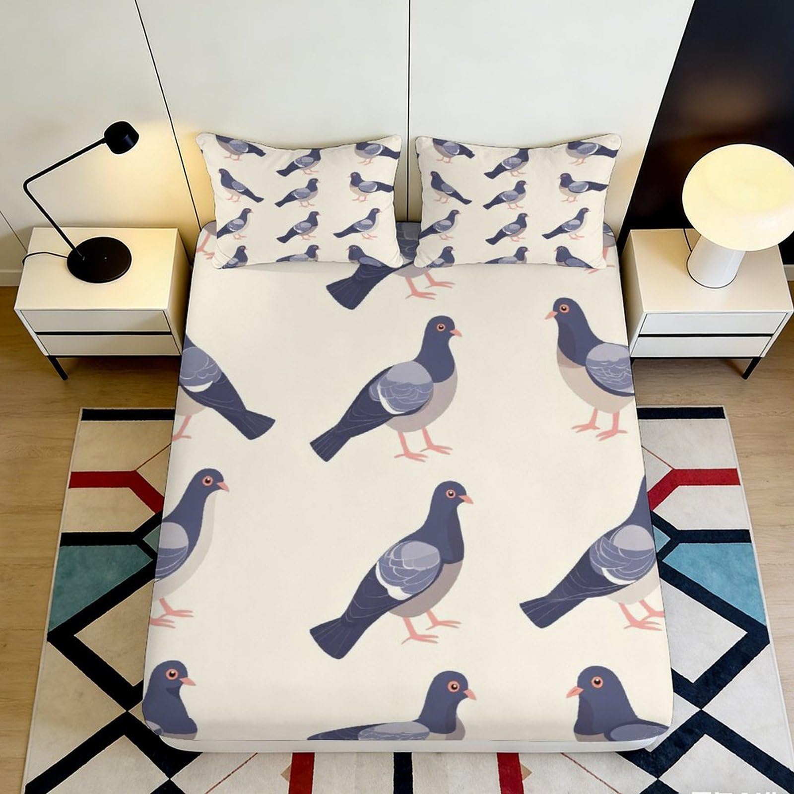 3D Printed Pigeon Pattern Fitted Sheet Microfiber Soft Breathable Bird Illustration Bed Cover for Bedroom Decor 90x200x25cm