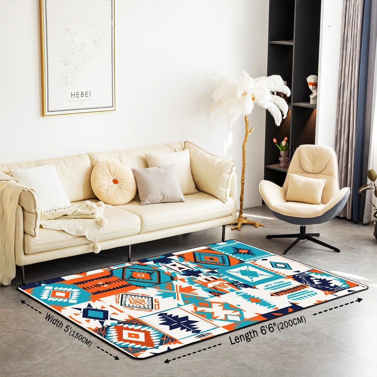 Patchwork Southwestern Ethnic Area Rug 5x7 for Bedside Playroom, Western Boho Living Room Rugs, Native Tribal Aztec Hippie Carpet Western Bedroom, Exotic Bohemian Floor Mat Non Slip, Teal Orange