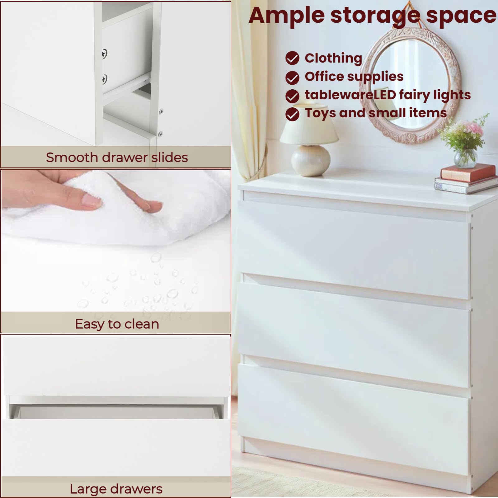 Commode, Armoire, avec 3 tiroirs, Largeur 70 cm, Meuble de Rangement Chambre, adapté pour Salon, Chambre, Chambre d'enfant, Bureau, Blanc, 70cm×40cm×75cm